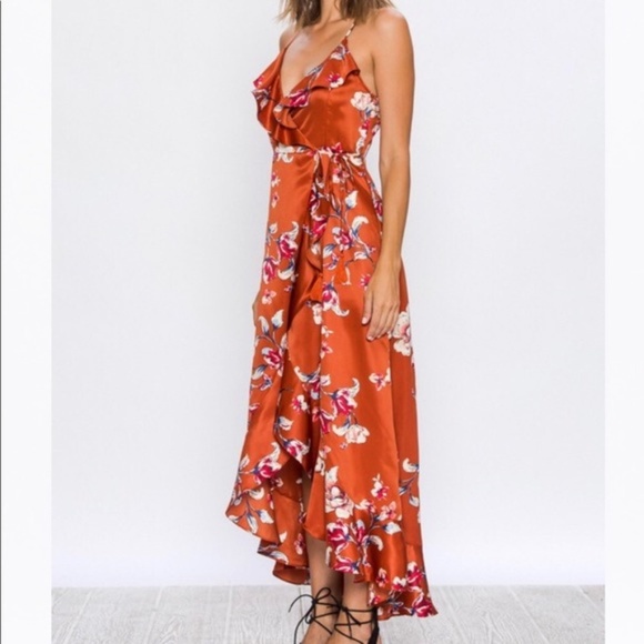 LAST ONE Lulus Floral Print High-Low Wrap Dress - Picture 3 of 9